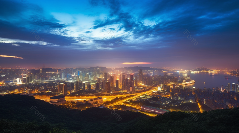 黄昏时刻在山上俯拍城市夜景灯火璀璨摄影真实,高清,摄影图,摄影图片,图片大全,摄影图免费下载